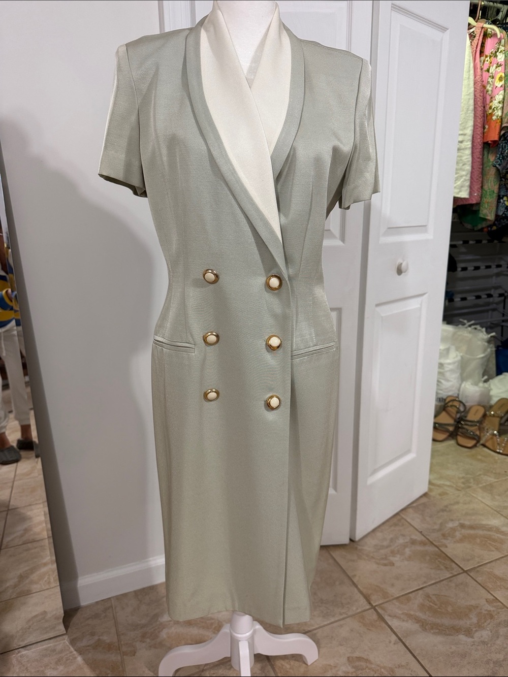 Danny & Nicole Light Sage Green and Cream Double-Breasted Midi Dress